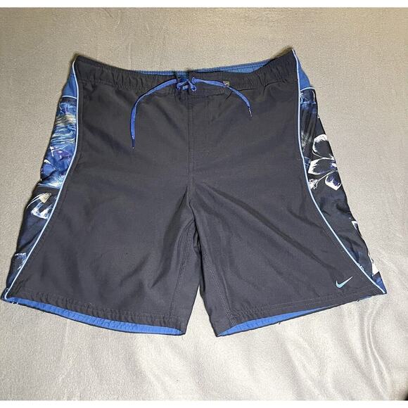 Nike Swim Shorts Mens Medium‎ Blue Black Regular-Fit Flat Front 100% Polyester - Picture 1 of 6